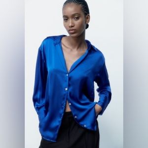 Zara Satin Silky Cobalt Blue Collared Button Down Shirt